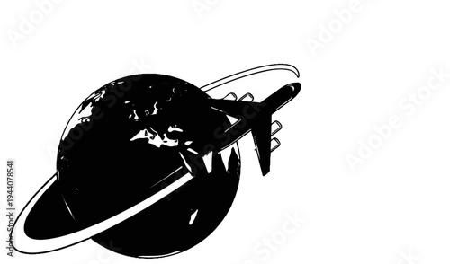 A black and white illustration of an airplane circling a ringed planet