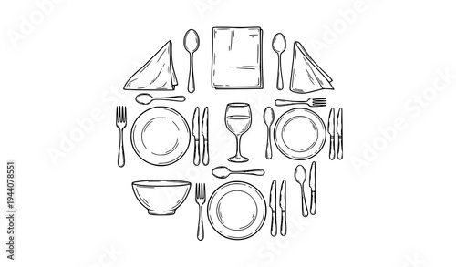 Dining table etiquette doodle icons hand drawn plate fork spoon knife outline vector collection isolated on white