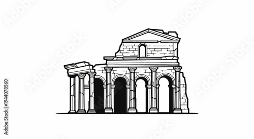 A black and white illustration of ancient Roman ruins with arches and columns