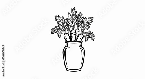 A black and white illustration shows several carrots with leafy tops in a vase