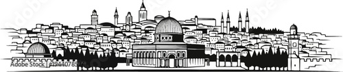 A black and white ink sketch of a city skyline featuring prominent domes and minarets