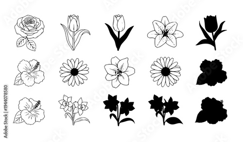 Garden flower outline and solid icons rose tulip lily hibiscus botanical vector collection isolated on white