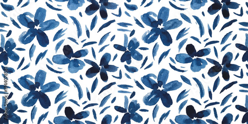 Seamless watercolor pattern with blue and black hand painted flowers and leaves on white background.