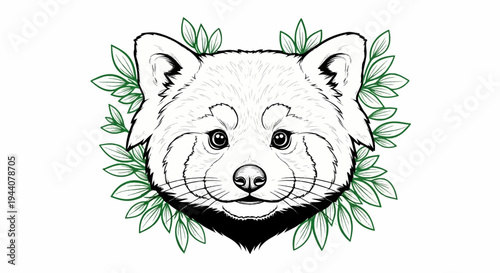 A black and white line drawing of a red panda's face surrounded by green leaves