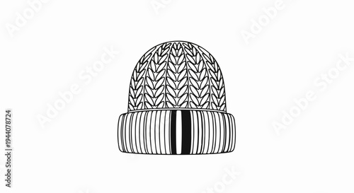 A black and white line drawing of a knitted beanie hat with a textured crown