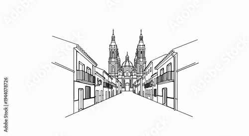 A black and white line drawing of a grand baroque cathedral framed by quaint buildings