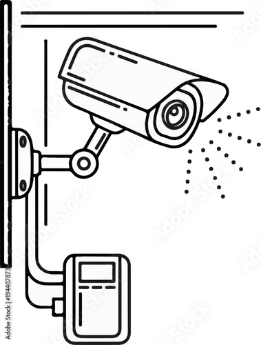 A black and white line drawing of a security camera mounted on a pole with a control box
