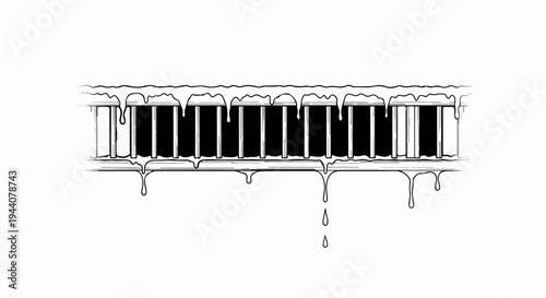 A black and white line drawing shows a section of a barred fence with icicles and dripping water