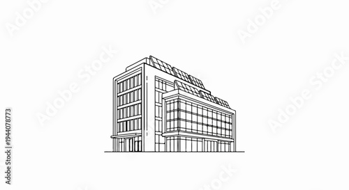 A detailed black and white sketch of a modern building with solar panels on the roof