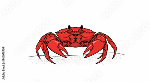 A detailed illustration of a red crab with claws raised, standing on sandy ground