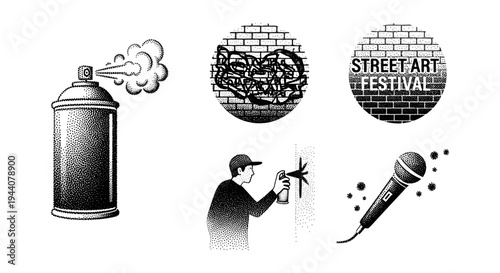 Collection of street art elements including spray can, graffiti, and microphone icons