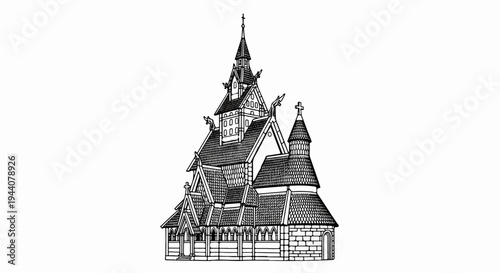 A detailed sketch depicts a steepled wooden church with arched windows