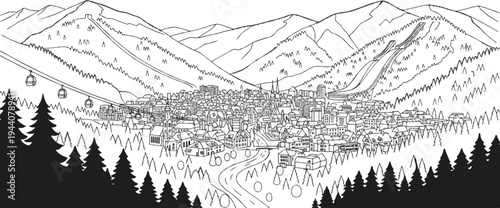 A detailed line drawing of a mountain town with ski slopes, gondolas, and dense buildings