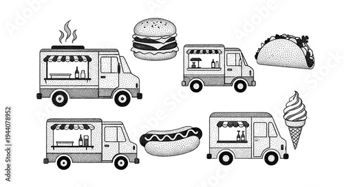 Collection of stylized food trucks and popular street food items in a dot art style
