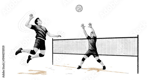 Dynamic illustration of beach volleyball players in action, one spiking and one defending