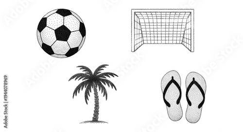 Set of four stippled icons: soccer ball, goal, palm tree, and flip-flops