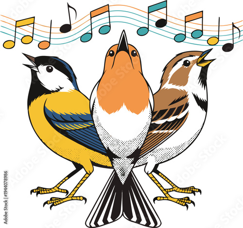 Vector illustration of  choir of three very little birds titmouse, robin and sparrow, birds are singing with joy, white and transparent background