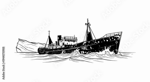 A distressed vessel navigates rough, wave-tossed seas near an icy shore