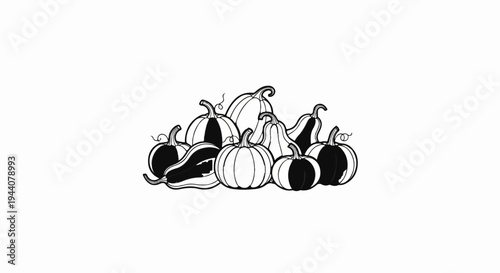 A diverse assortment of gourds and pumpkins in a stylized sketch