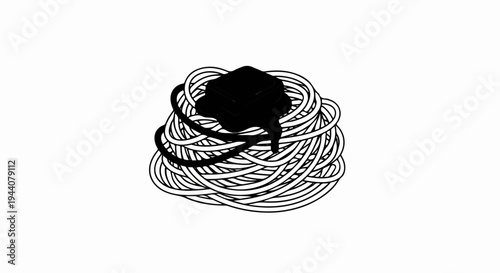 A simple black and white illustration of spaghetti topped with a block of black sauce