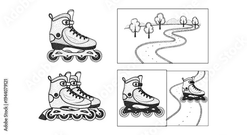 Set of roller skates and park path illustrations in a dot art style
