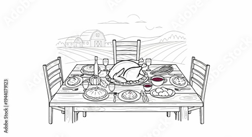 A festive dinner table set for a feast, with a roasted bird and side dishes