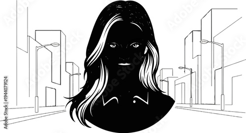 A woman's silhouette faces forward against a stylized urban backdrop with streetlights