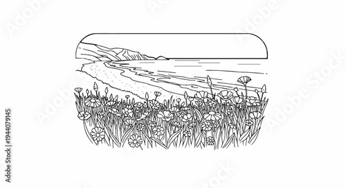 A field of wildflowers in the foreground, leading to a serene beach and ocean