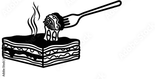 A fork lifts a steaming serving of layered pasta dish with cheese