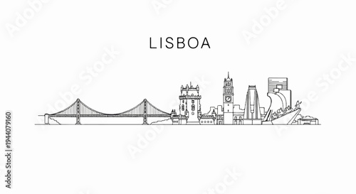 A simple black and white line drawing showcases a city skyline with iconic landmarks