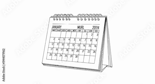 A black and white sketch of a spiral-bound desk calendar showing January dates