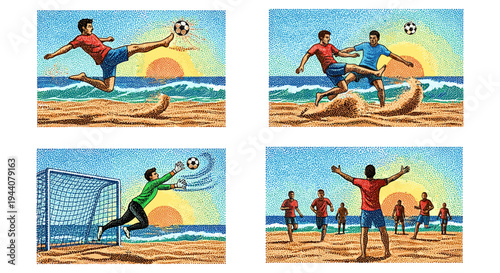 Beach soccer game with players kicking and diving for the ball during sunset