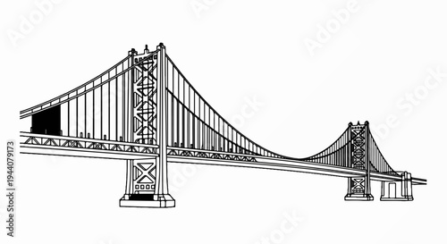 A black and white sketch of a suspension bridge with two towers and cables spanning a gap