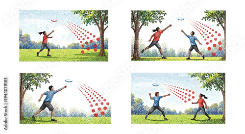 Children playing frisbee in a park, illustrating the trajectory of the disc