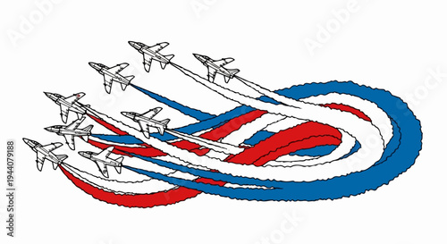 A formation of jets performs aerial maneuvers, trailing red, white, and blue smoke