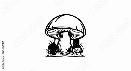 A graphic black and white illustration of a single mushroom growing in grass