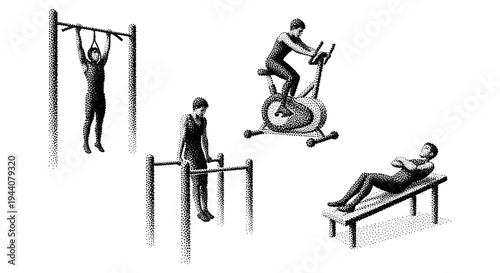 Diverse group of people engaged in various fitness activities on gym equipment