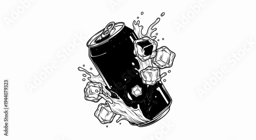 A black beverage can bursts with splashing liquid and ice cubes
