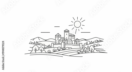 A simple line drawing depicts a sunlit village with a castle atop rolling hills