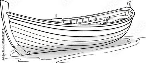 A simple line art illustration of a wooden boat resting in shallow water