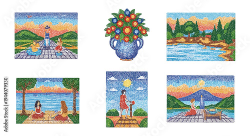 Whimsical dot art illustrations depicting diverse scenes from nature to fantasy