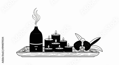 A black diffuser emits steam beside lit candles and an orchid on a wooden tray