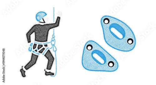 Rock climber ascending a rope with climbing gear and carabiners on white background