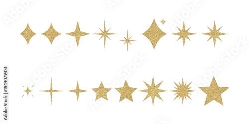Collection of golden glitter star shapes with sparkling texture on white background