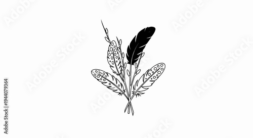 A black feather and patterned feathers with buds create a delicate bouquet