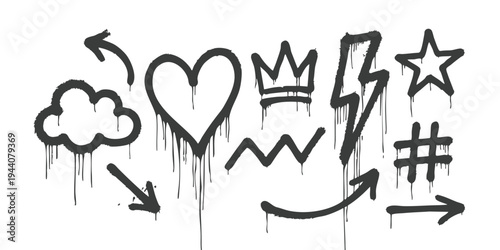 Set of black graffiti spray paint icons including heart cloud crown and star on white background