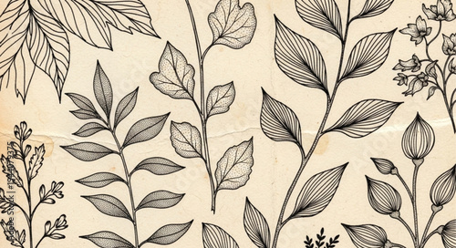 Botanical illustration of various plant leaves and buds.