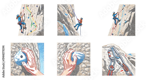 Rock climbing techniques and equipment illustrated in a vintage dot art style