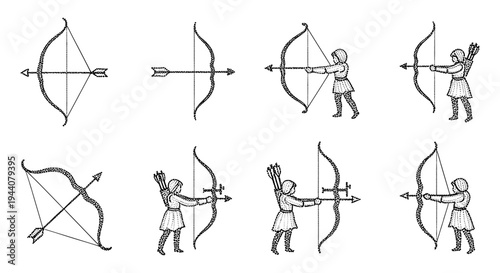 Collection of historical archery illustrations showing bows, arrows, and archers in action