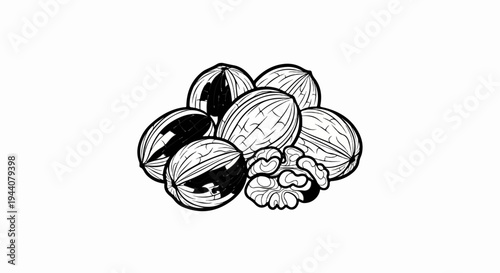A simple line drawing showcases a pile of whole walnuts and shelled kernels